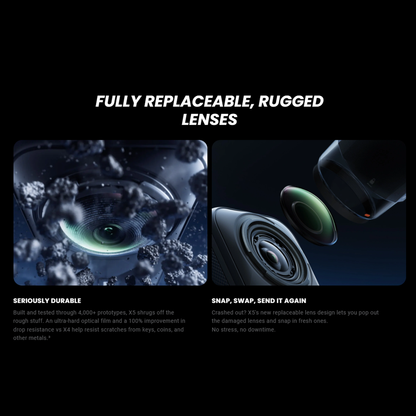 Insta360 X5 Flagship 360 camera with unbeatable 8K imagequality in any light and a revolutionaryreplaceable lens design